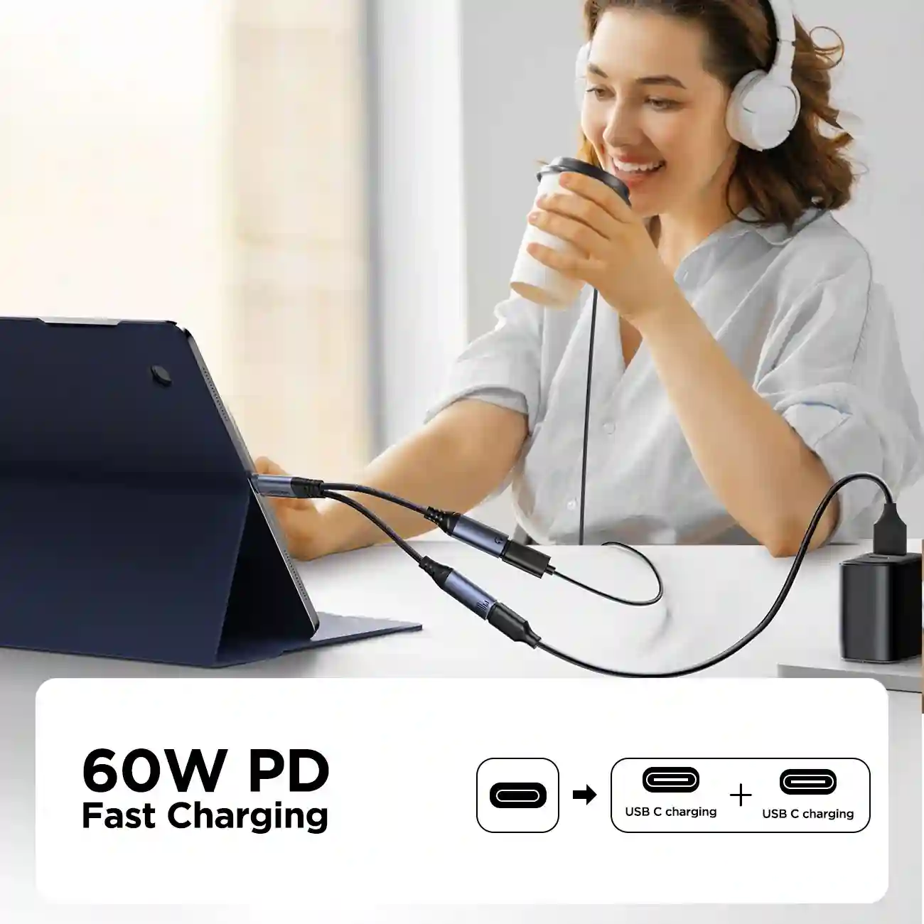 Joyroom SY-C03 2-in-1 Audio Adapter (Type-C to Dual Type-C) 3 Fast Charging with Joyroom SY-C03 Adapter