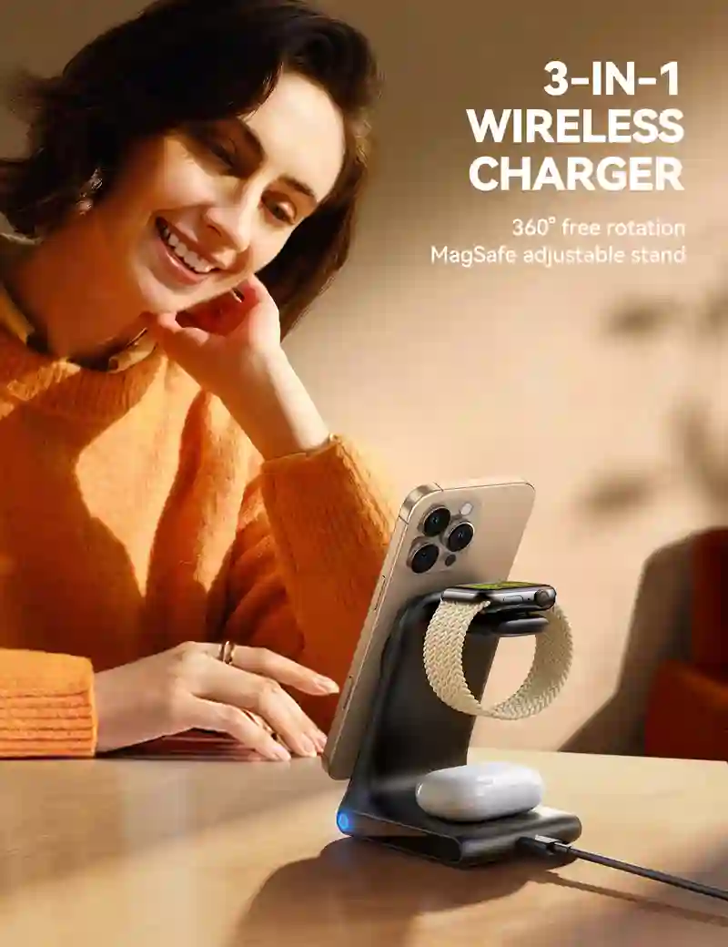 JOYROOM JR-W15 vertical 3-in-1 wireless charger on desk