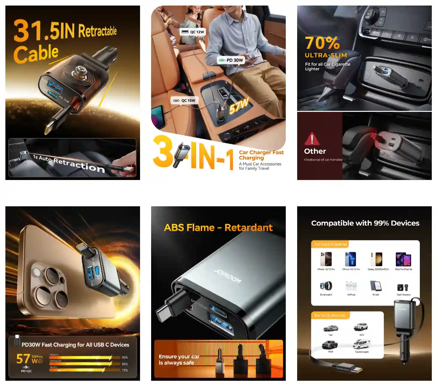 Joyroom JR-CCL07 3-in-1 Retractable Car Charger 1 Joyroom JR-CCL07 3-in-1 car charger close-up