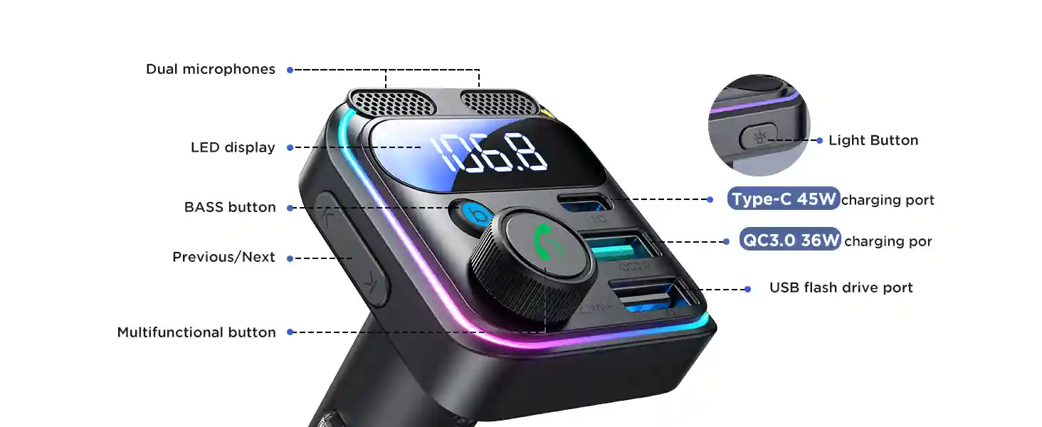 JOYROOM JR-CCB01 81W Dual-Mic Car Wireless FM Transmitter dual microphones with noise reduction