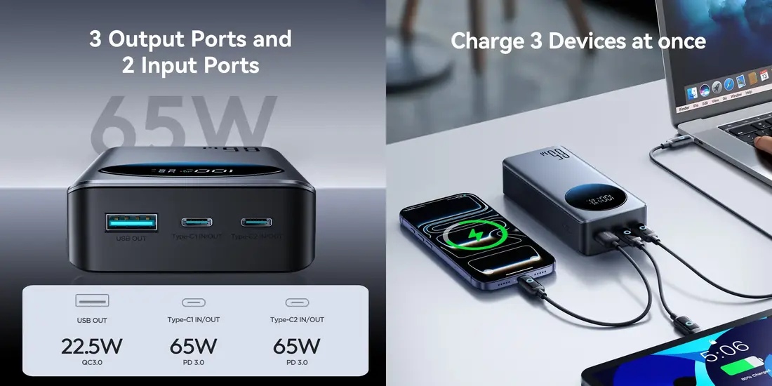 JOYROOM JR-PBF05 Pro 65W power bank 30000mAh laptop charging solution with fast USB-C output for phones tablets and laptops in Bangladesh