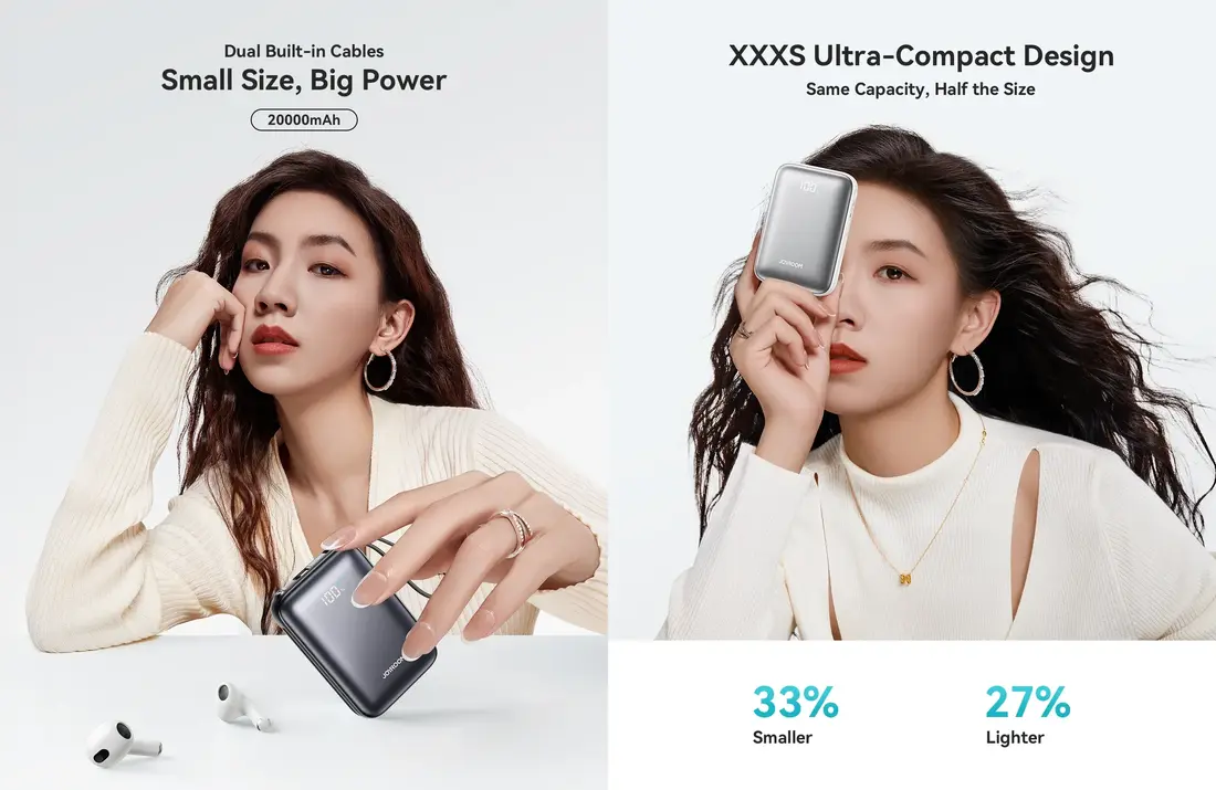 JOYROOM JR-PBF29 20000mAh 22.5W fast charging power bank with built-in cables for iPhone and Android users