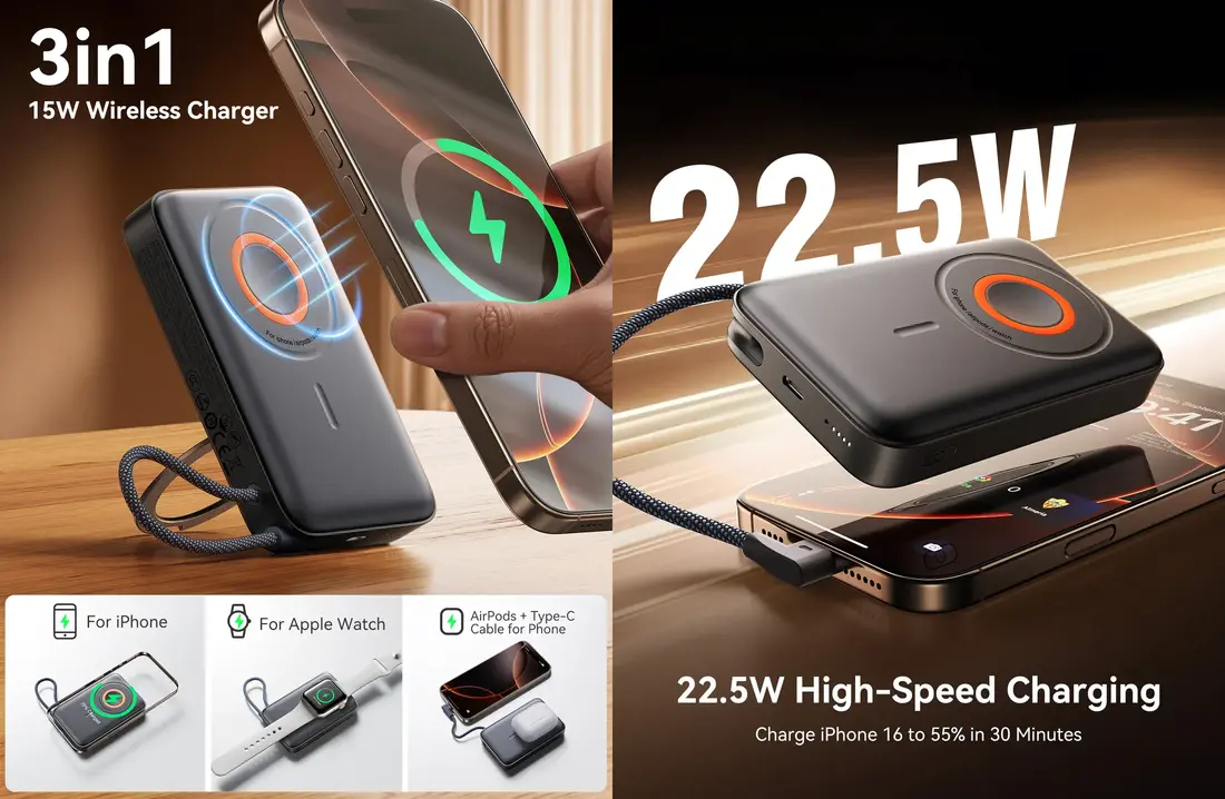 Joyroom 22.5W JR-PBM02 Wireless Power Bank MagSafe compatible portable charger with built-in stand design