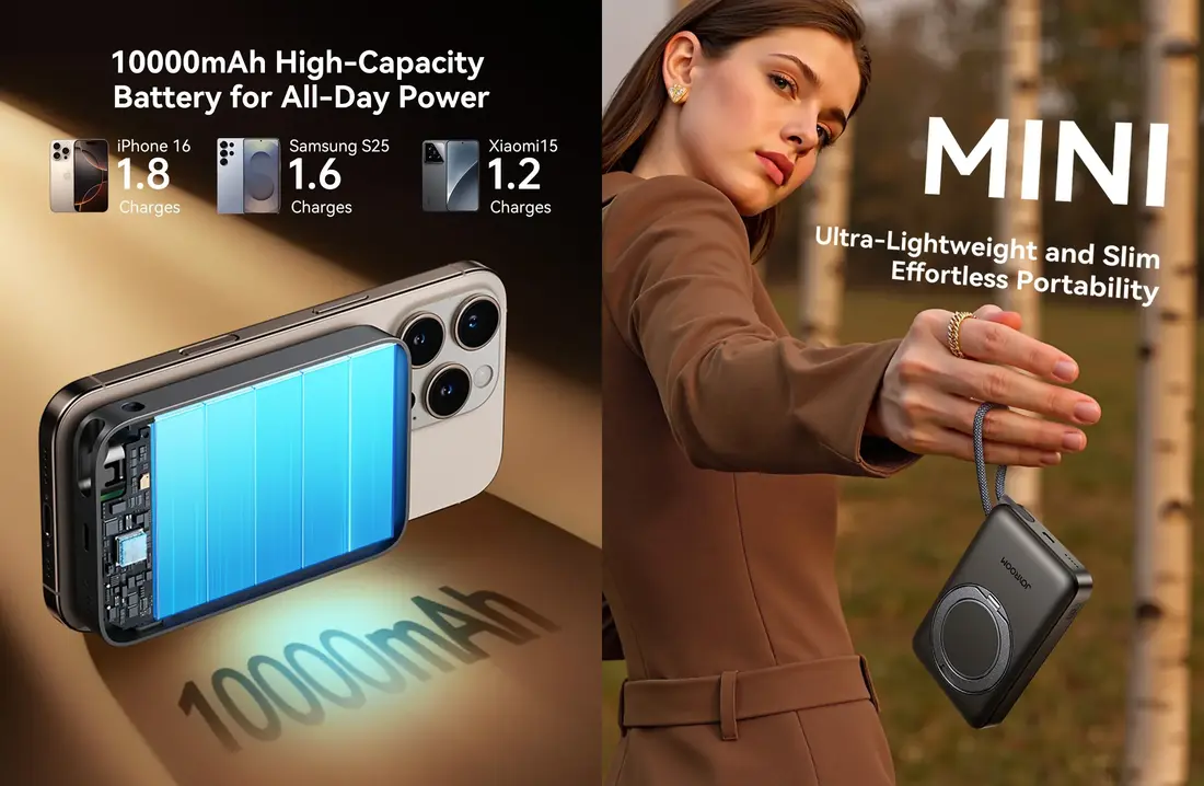 JOYROOM 10000mAh JR-PBM02 22.5W Power Bank compact 3-in-1 portable charger with magnetic grip technology