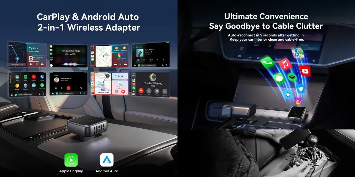 2 in 1 CarPlay Android Auto adapter supporting iPhone and Android wireless connection in cars