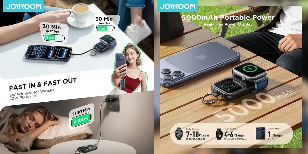 JOYROOM 3 in 1 power bank JR-W19 compact 5000mAh battery with smart color display and multi device charging