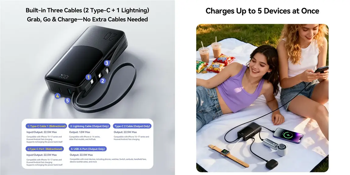 JOYROOM JR-PC2 20000mAh 22.5W fast charging power bank with built-in 3 cables and digital LED display