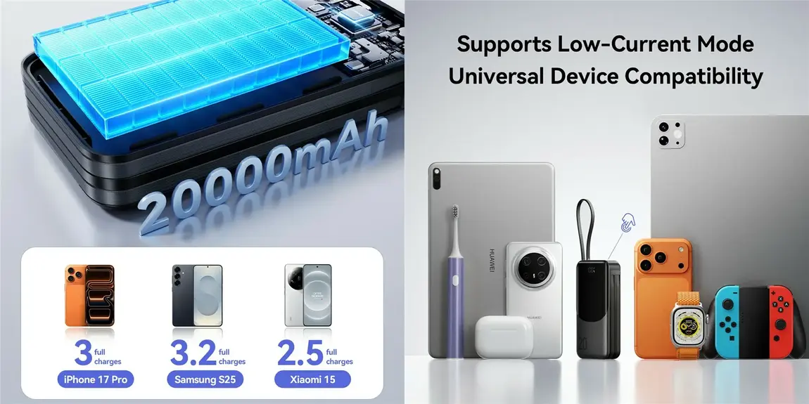 JOYROOM JR-PC2 Power Bank with dual Type-C cables, Lightning cable, USB-A port, and digital battery display