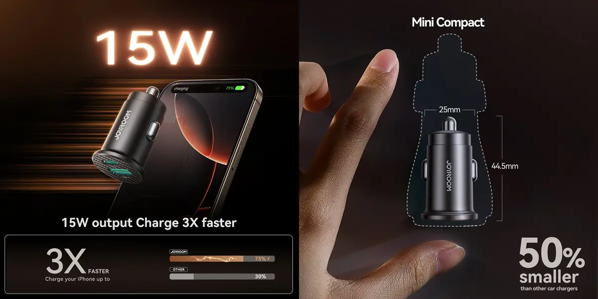 JOYROOM JR-CCN16 15W mini car charger with USB-A and USB-C dual ports for smartphones