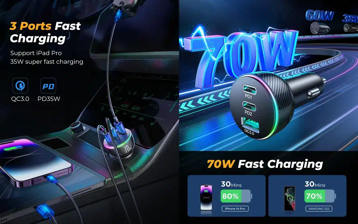 JOYROOM JR-CL26 70W 3-Port Car Charger for fast charging in Bangladesh