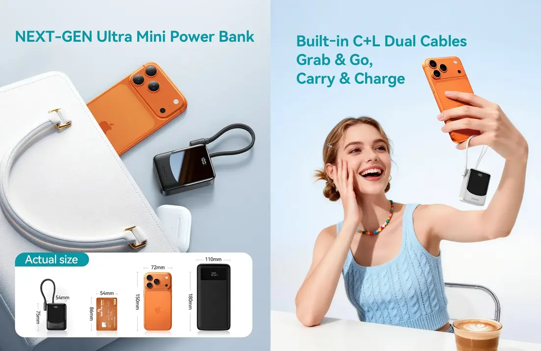 JOYROOM JR-PC1 10000mAh Power Bank with Lightning cable, digital display, and fast charging