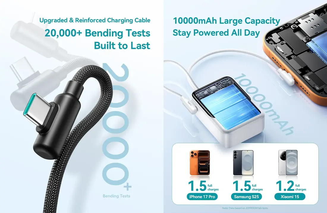 22.5W Mini Power Bank with USB-C and Lightning built-in cables for Android and iPhone