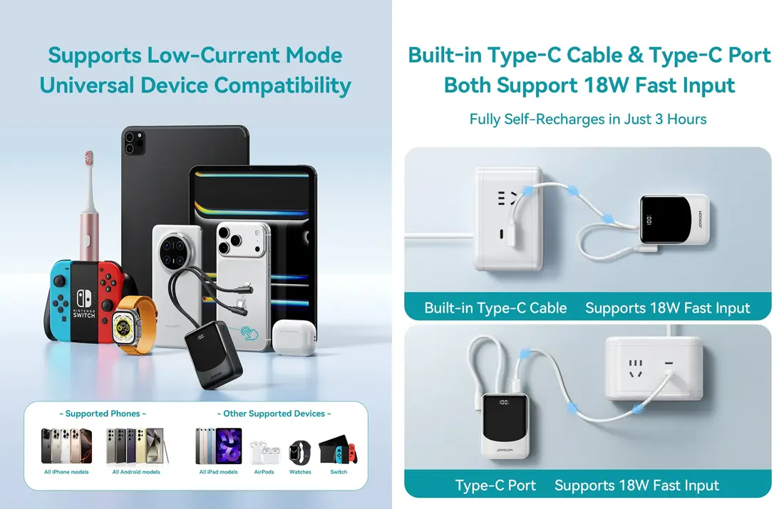 JOYROOM JR-PC1 22.5W 10000mAh Mini Power Bank with Cables 4 Power Bank with Built-in Cables 10000mAh with 22.5W fast charging and digital display