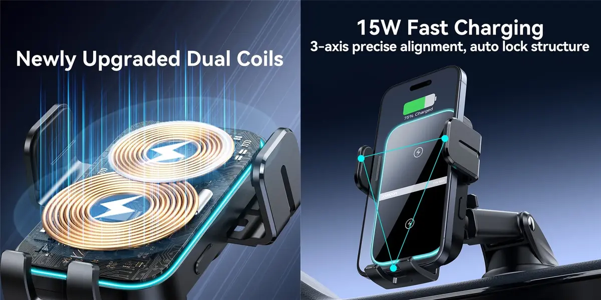 JOYROOM wireless car charger with 15W fast charging and LED phone holder